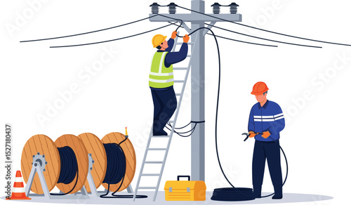 fiber optic cable internet broadband installation on Electric pole Technicians team service isometric isolated cartoon