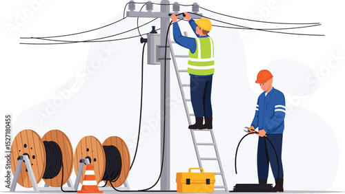 fiber optic cable internet broadband installation on Electric pole Technicians team service isometric isolated cartoon