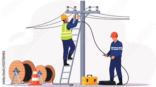 fiber optic cable internet broadband installation on Electric pole Technicians team service isometric isolated cartoon