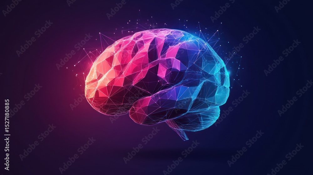 Abstract polygonal brain, vibrant colors, digital art, neural network, futuristic, medical concept, inspiring, creative design, possible use for scientific publications Abstract polygonal brain, vibrant colors, digital art, neural network, futuristic, medical concept, inspiring, creative design, possible use for scientific publications