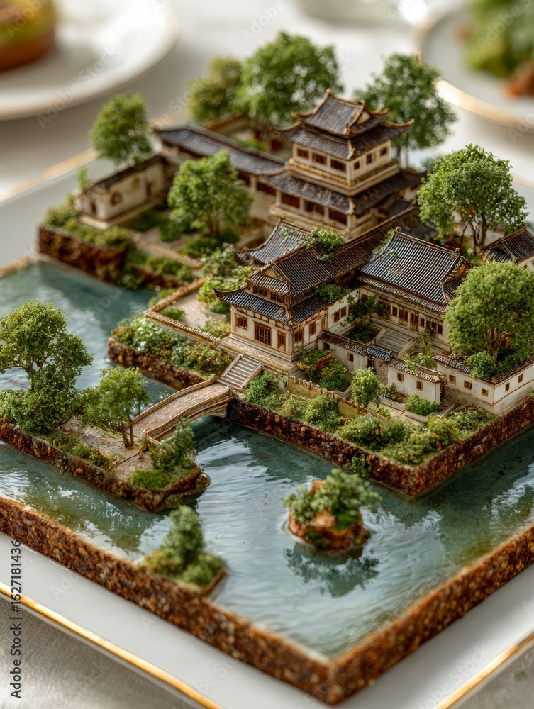 Fototapeta premium Miniature Chinese Cityscape Clay Model Asian Architecture Lakeside Scene Peaceful Gard