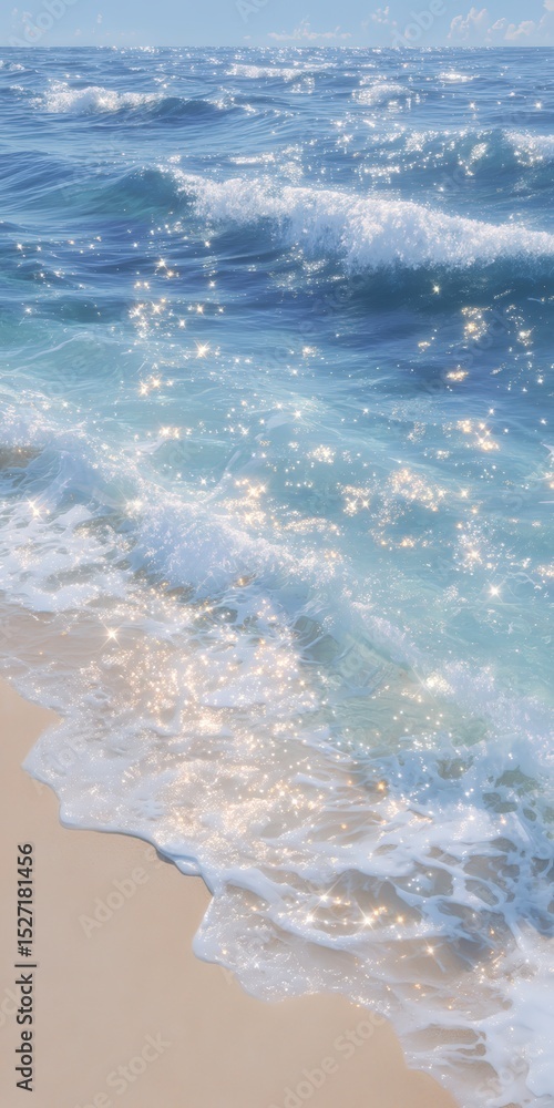 Fototapeta premium Sparkling Ocean Waves on Sandy Beach Summer Vacation Serenity