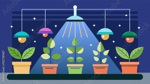 A stateoftheart lighting system that simulates natural sunlight adjusting intensity and spectrum to mimic day and night cycles for different types of plants.. Vector illustration