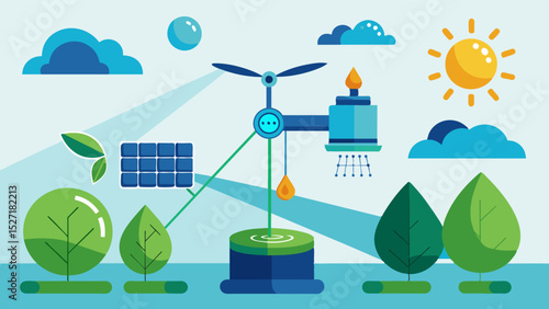 An irrigation system being powered by renewable energy controlled by an AIpowered crop water usage model to minimize water and energy waste.. Vector illustration