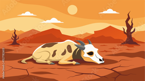 A skeleton of a cow lies in the lifeless field bleached by the scorching sun and surrounded by cracked earth a poignant depiction of the struggle for survival in an arid. Vector illustration