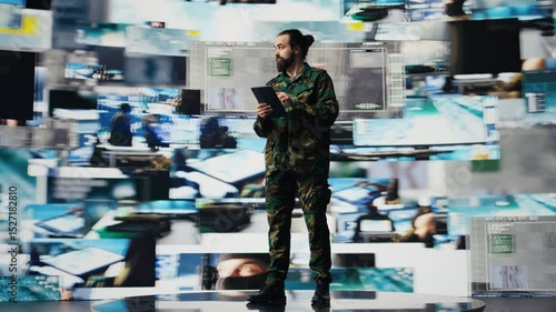 Wallpaper Mural Soldier operates in a virtual war zone using digital technology and threat detection tools, showcasing modern military strategy. Ensuring secure communications in active operations. Camera B. Torontodigital.ca