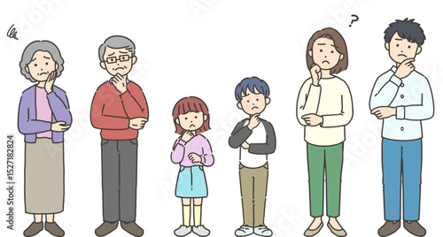 祖父母・両親・子どもの3世代家族が困った表情しているイラストセット
