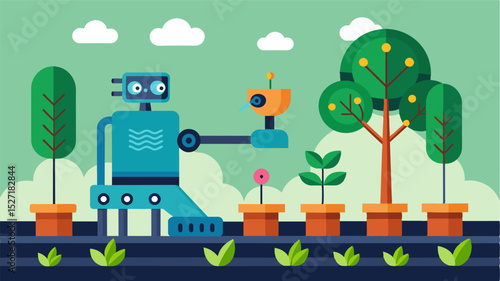 An automated seedling nursery uses robotics and artificial intelligence to optimize conditions for growth and produce healthier trees for reforestation efforts.. Vector illustration