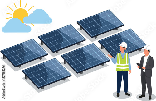 Investor consulting with engineer at a solar power plant while discussing investment opportunities in renewable energy under bright sunlight isometric cartoon
