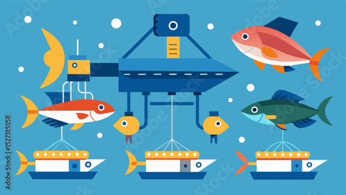 Automated harvesting machines that use AI technology to identify and select mature fish for harvesting reducing manual labor and increasing efficiency.. Vector illustration