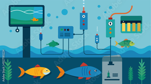 A series of underwater sensors that monitor the pH levels temperature and oxygen levels of the water in a fish farming tank.. Vector illustration