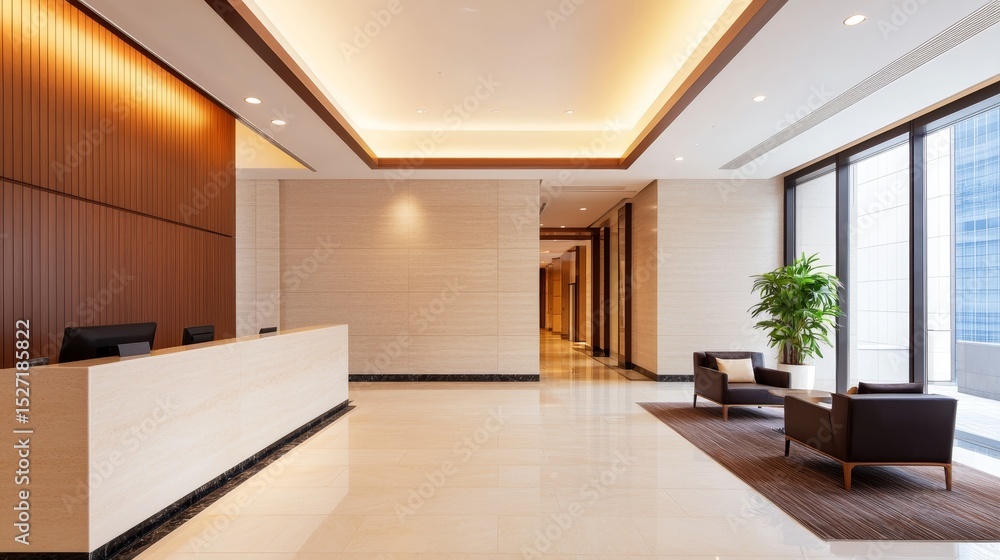 Fototapeta premium Elegant Hotel Lobby Concierge Desk with Customer Check-in, Luxurious Service Moment, Copy Space for Text. 3d rendering
