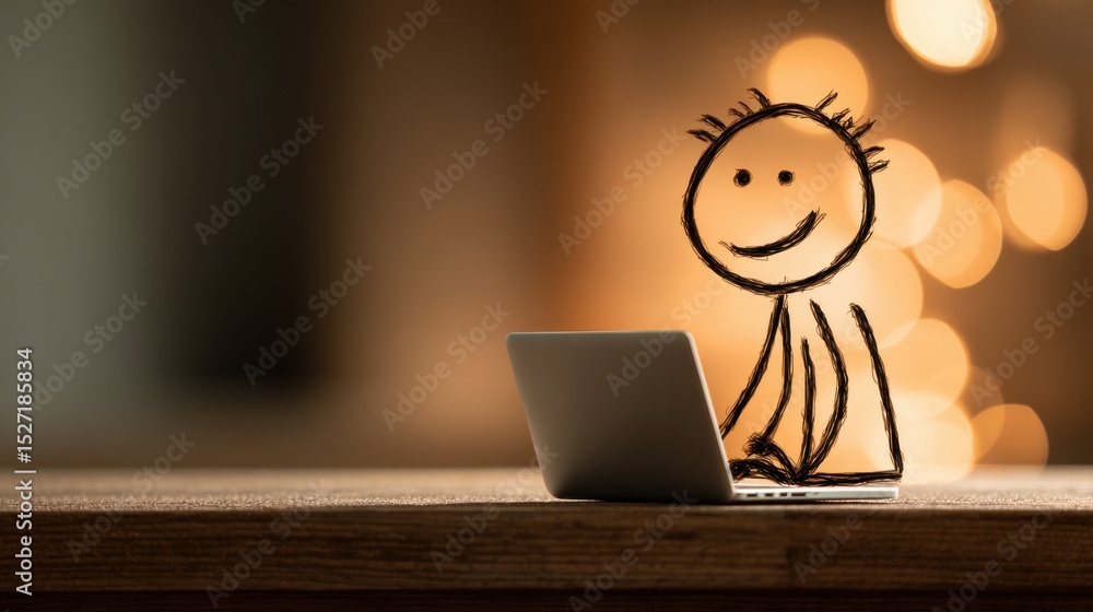 Fototapeta premium The stick figure sits at home with a laptop, embodying the shift toward flexible workspaces and location-independent jobs. 