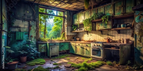 A dimly lit kitchen in a dilapidated shack with peeling paint and broken furniture, surrounded by trash and overgrown vegetation , abstract, decay