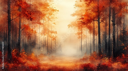 Ethereal impressionistic watercolor forest with warm autumn leaves filtering through the trees in soft sunlight creating a dreamy and atmospheric detailed art style.
