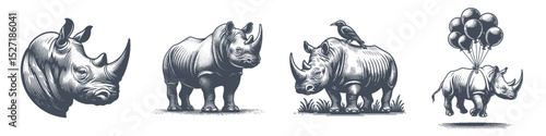 Vintage Hand-Drawn Rhinoceros Collection Illustration, Wildlife Animal Engraved Style Vector for T-Shirts and Adventure Themes Design