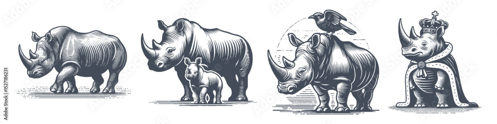 Fototapeta premium Vintage Hand-Drawn Rhinoceros Collection Illustration, Wildlife Animal Engraved Style Vector for T-Shirts and Safari Themes Design