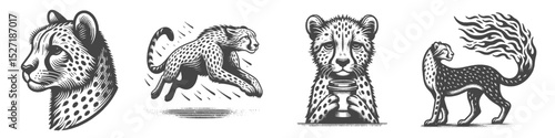 Vintage Hand-Drawn Cheetah Drinking Coffee Collection Illustration, Wild Animal Engraved Style Set Vector for T-Shirts and Coffee Shop Themes Design