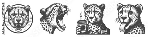 Vintage Hand-Drawn Cheetah Roaring Collection Illustration, Wild Animal Engraved Style Set Vector for T-Shirts and Safari Themes Design