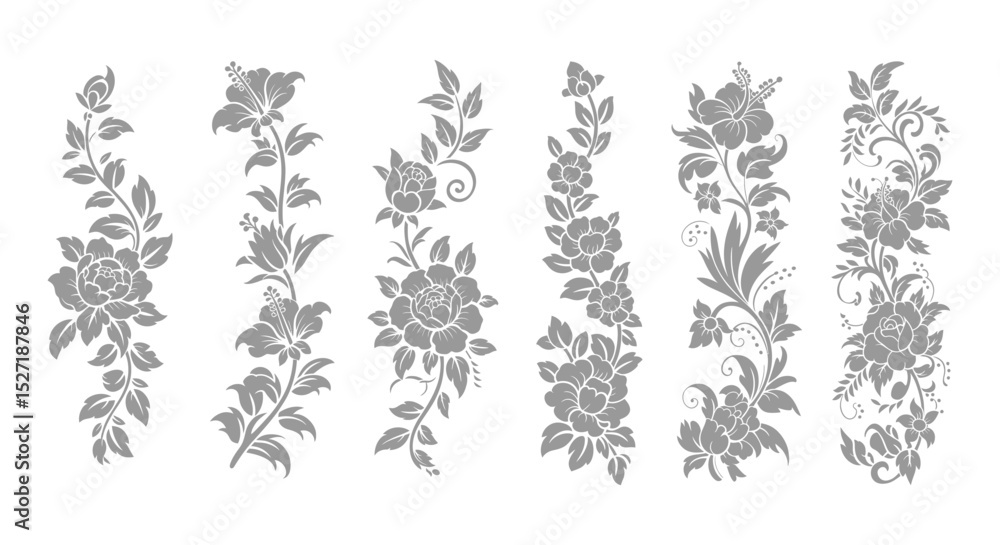 Fototapeta premium Elegant Vertical Floral Design Elements, A Beautiful Collection of Vintage-Inspired Flourish Borders and Dividers, Perfect for Adding Natural Beauty to Your Projects