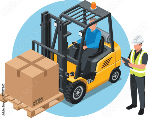 Industrial workplace accident risk with overloaded forklift and shocked worker in unsafe cargo handling situation isometric cartoon
