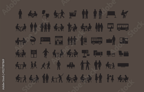 Collection of black silhouettes people icons cafe restaurant business
