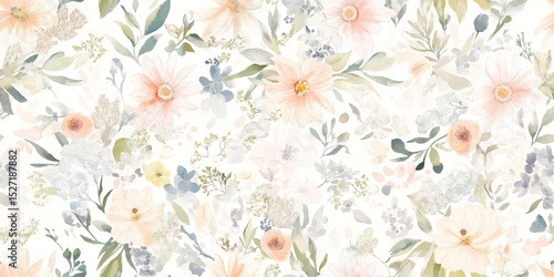 Subtle Watercolor Floral Seamless Pattern. Delicate Botanical Bloom Nature Design for trendy design, textile, packaging, fabric, wallpaper, branding, stationery, wrapping paper interior decor.