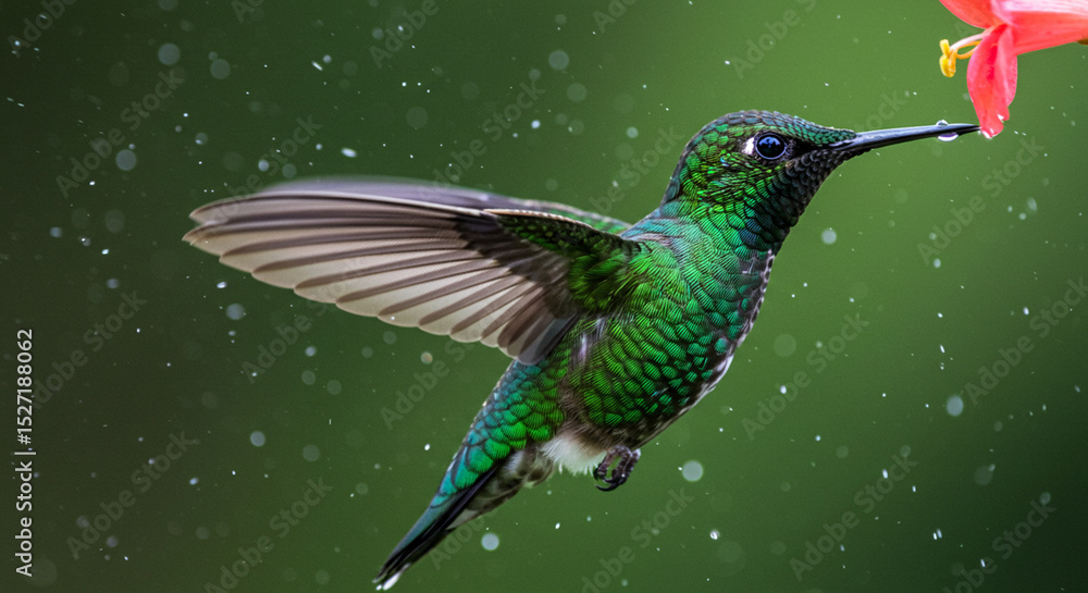 Fototapeta premium Hummingbird Feeding on Flower in Rain - Wildlife Photo