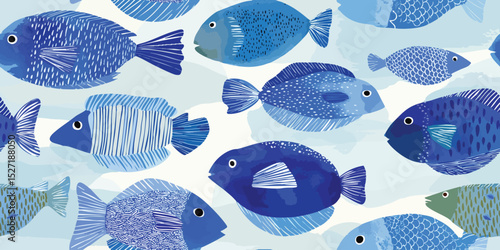 Abstract Ocean Fish Seamless Pattern. Playful Aquatic Marine Animal Graphic Design for trendy design, textile, packaging, fabric, wallpaper, branding, stationery, wrapping paper interior decor.