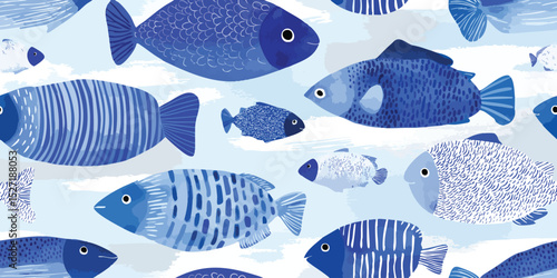 Abstract Ocean Fish Seamless Pattern. Playful Aquatic Marine Animal Graphic Design for trendy design, textile, packaging, fabric, wallpaper, branding, stationery, wrapping paper interior decor.