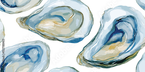 Abstract Watercolor Oyster Shell Seamless Pattern. Coastal Marine Life Nature Design for trendy design, textile, packaging, fabric, wallpaper, branding, stationery, wrapping paper interior decor.