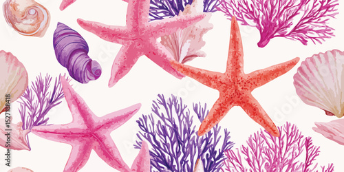 Vibrant Underwater Starfish Seamless Pattern. Colorful Marine Coral Ocean Design for trendy design, textile, packaging, fabric, wallpaper, branding, stationery, wrapping paper interior decor.