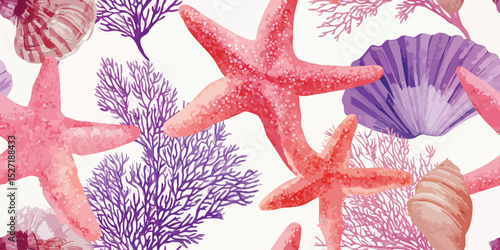 Vibrant Underwater Starfish Seamless Pattern. Colorful Marine Coral Ocean Design for trendy design, textile, packaging, fabric, wallpaper, branding, stationery, wrapping paper interior decor.