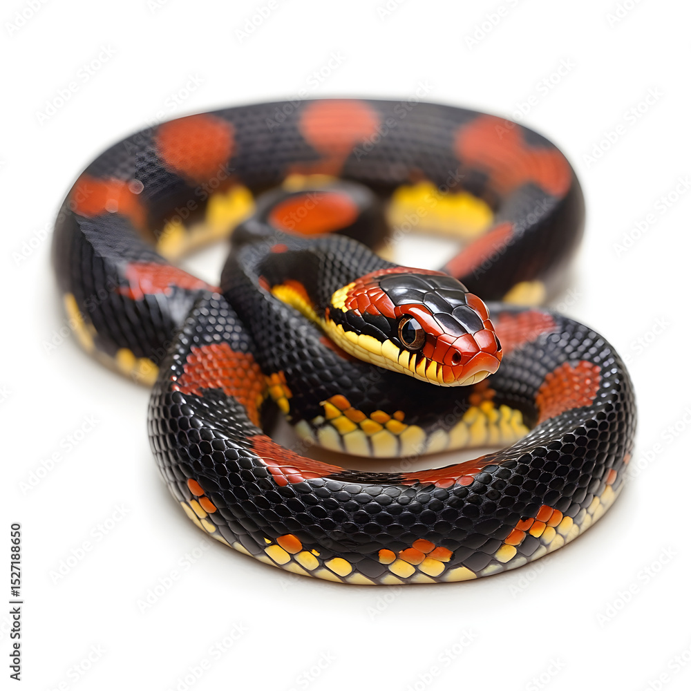 Fototapeta premium Snake slithering smoothly with vibrant red, black, and yellow bands, isolated on white background.