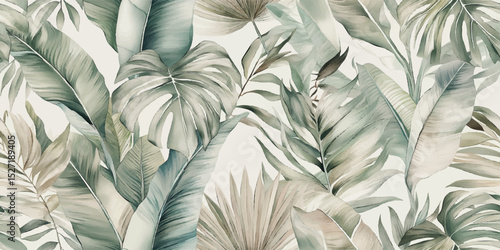 Subtle Tropical Jungle Leaf Seamless Pattern. Elegant Botanical Foliage Nature Design for trendy design, textile, packaging, fabric, wallpaper, branding, stationery, wrapping paper interior decor.