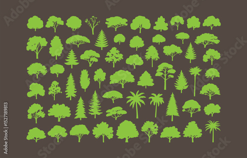 Collection of green tree silhouettes various shapes and sizes