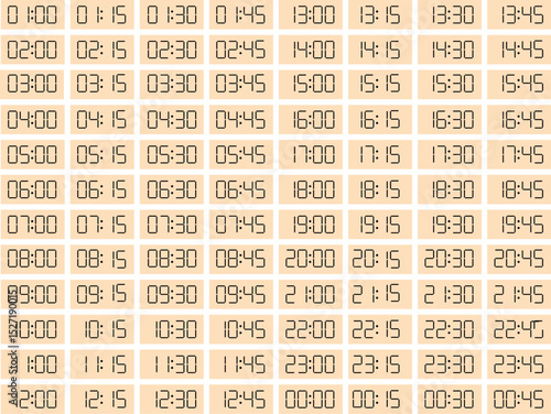 Digital clock close up displaying all o'clock, simple flat black icon and backgraund Bisque -  vector eps 10