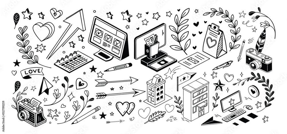 Naklejka premium Hand-drawn black and white doodles featuring hearts stars office buildings and technology elements.