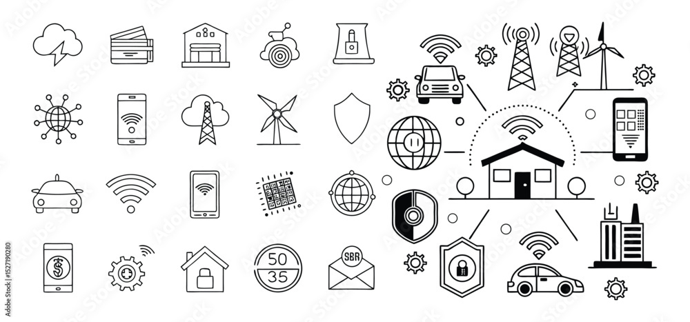 Illustrated line art concept showing various smart home technologies and related modern services. Illustrated line art concept showing various smart home technologies and related modern services.