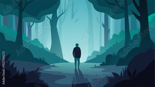 An image of a person walking through a foggy forest representing the mystery and wonder of nature and promoting a sense of mindfulness and curiosity.. Vector illustration