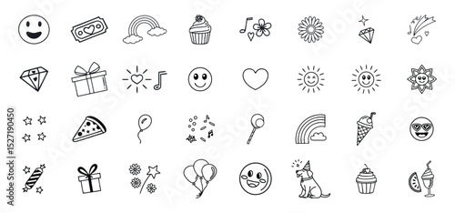 Simple hand drawn doodle icons set illustrating fun elements such as smileys gifts rainbows and cupcakes