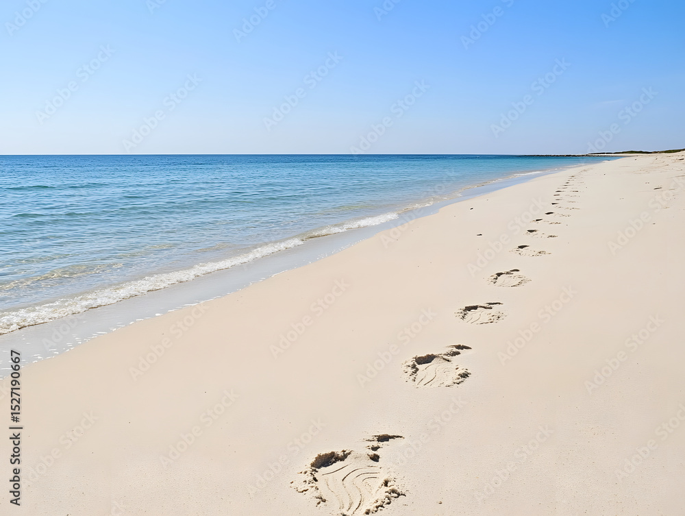 Fototapeta premium Quiet beach with footprints disappearing into horizon along smooth sand under clear blue sky, evoking peaceful and serene atmosphere