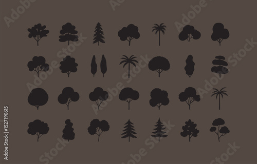 Collection of black silhouette tree icons