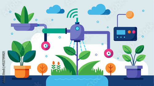 An innovative irrigation system using AI technology to synchronize water delivery with the circadian rhythm of plants enhancing nutrient absorption and growth.. Vector illustration