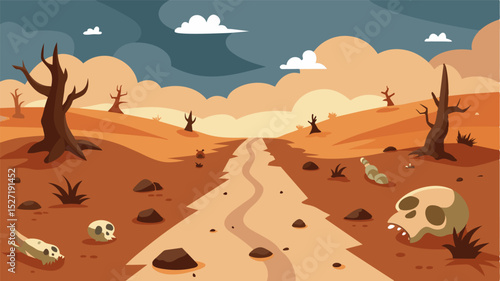 A dusty path littered with the remains of dead animals and skeletal remains of humans.. Vector illustration