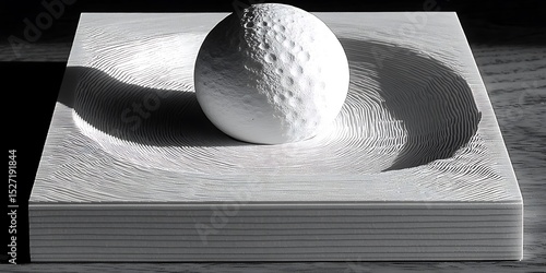 Lunar surface sphere on textured plateau, geometric monochrome abstract