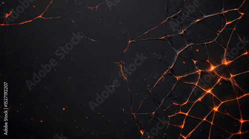 Cracked glass with glowing orange fiery lines and scattered sparks on dark background, creating abstract scorched lens effect with intense glowing details