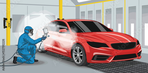 Automotive technician in protective gear painting a red vehicle in a spray booth as part of car body repair and refinishing process in an auto body