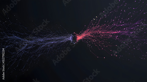 Abstract digital network with colorful light particles flowing from central geometric node, creating dynamic and vibrant connection in dark space