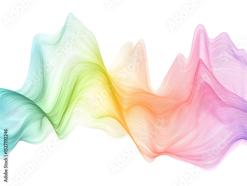 Colorful abstract wave with smooth flowing lines in pastel shades of blue, green, yellow, orange, pink, and purple on white background, creating soft and dynamic visual effect